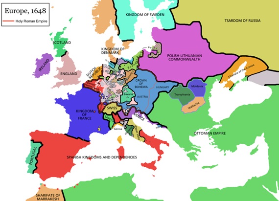 Mapa de Europa después de la Paz de Westfalia en 1648