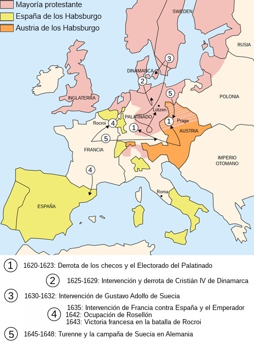Mapa de Europa con la ubicación de los frentes de combate más relevantes durante la Guerra de los Treinta Años