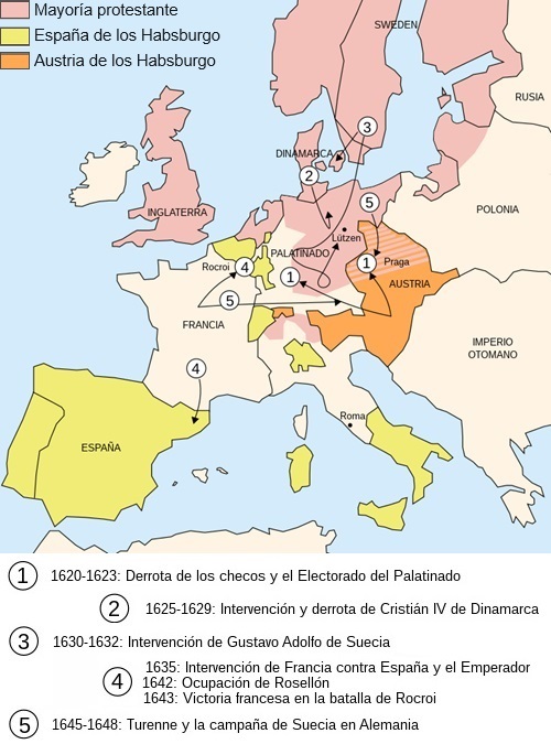 Mapa de Europa con la ubicación de los frentes de combate más relevantes durante la Guerra de los Treinta Años Mapa de Europa con la ubicación de los frentes de combate más relevantes durante la Guerra de los Treinta Años