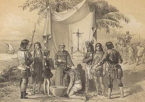 Bartolomé de las Casas bautizando prisioneros en Cuba en 1511