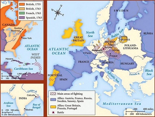 Guerra de los Siete Años. Mapa de las zonas en conflicto Guerra de los Siete Años. Mapa de las zonas en conflicto