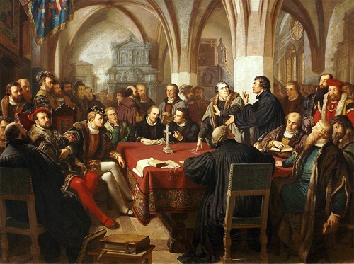 Pintura que representa la reunión entre Lutero y Zwinglio
