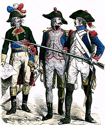 General revolucionario francés, oficial de infantería ligera y soldado de una semibrigada de línea.