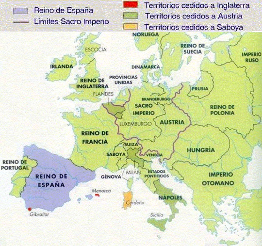 Mapa político de Europa que muestra los territorios cedidos por la monarquía española después de los tratados de Utrecht Mapa político de Europa que muestra los territorios cedidos por la monarquía española después de los tratados de Utrecht