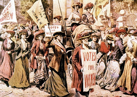 Ilustración de un grupo de sufragistas pidiendo el voto femenino.