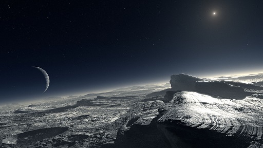 Evocación artística de la vista desde la superficie de Plutón