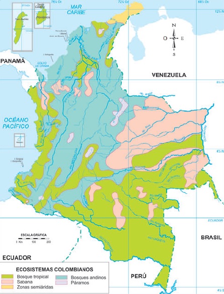 Mapa que muestra el esquema de la configuración física y ecosistémica del territorio colombiano