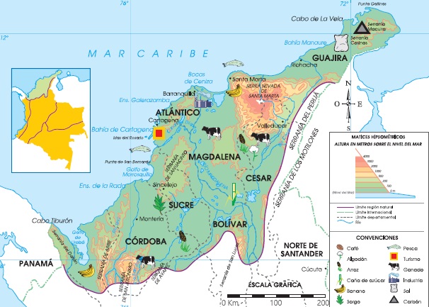 Mapa de la región Caribe de Colombia