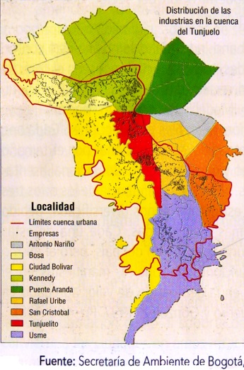 Distribución de las industrias en la cuenca del Tunjuelo