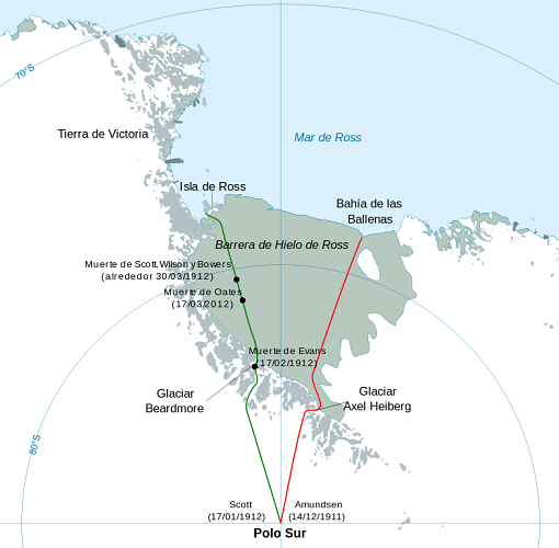 Las rutas hacia el Polo Sur tomadas por Scott (verde) y Amundsen (rojo)