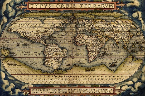 Mapamundi de Abraham Ortelius (1570), en el que se observa la Terra Australis Incognita.