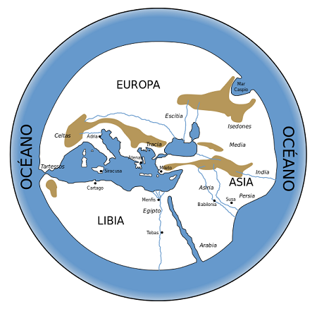 Reconstrucción hipotética del mapamundi perdido de Hecateo de Mileto (s. VI a.C.)