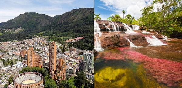 Vista del oriente de Bogotá, ejemplo de paisaje cultural. Caño Cristales uno de los paisajes naturales más bonitos de Colombia.