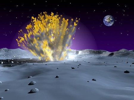 Recreación artística del impacto de un meteoroide en la superficie lunar. 