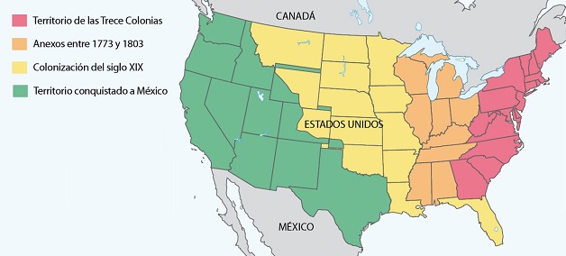 Mapa de la expansion hacia el oeste de Estados Unidos