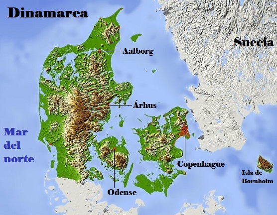 Mapa de Dinamarca con su relieve y ciudades principales