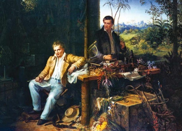 Alejandro de Humboldt y Bonpland, en la selva amazónica del río Casiquiare (óleo de Eduard Ender, hacia 1850). Alejandro de Humboldt y Bonpland, en la selva amazónica del río Casiquiare (óleo de Eduard Ender, hacia 1850).