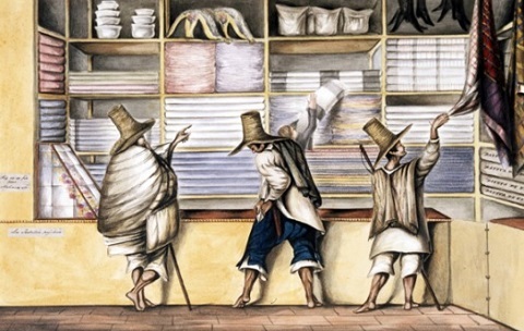 Interior de una tienda en la calle principal de Bogotá con muleros comprando