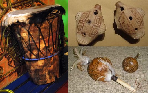 Instrumentos indígenas. Tambor, ocarinas y maracas