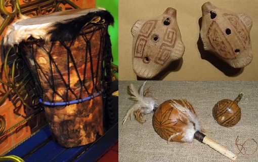 Instrumentos indígenas. Tambor, ocarinas y maracas Instrumentos indígenas. Tambor, ocarinas y maracas