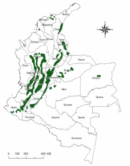 Mapa de las áreas de cultivo de café en Colombia hacia 1920