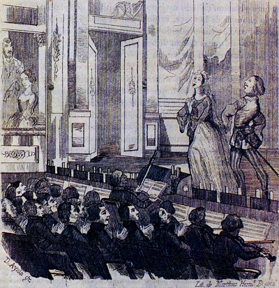 Representación de una ópera francesa en Bogotá. Grabado de Daniel Ayala, 1849. Biblioteca Luis Ángel Arango, Bogotá.