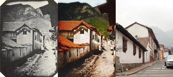Calle del Observatorio en 1842, restauración fotográfica y calle actual en Bogotá.