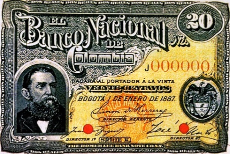 Billete del Banco Nacional con el retrato del presidente Rafael Núñez