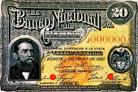 Billete del Banco Nacional con el retrato del presidente Rafael Núñez Billete del Banco Nacional con el retrato del presidente Rafael Núñez