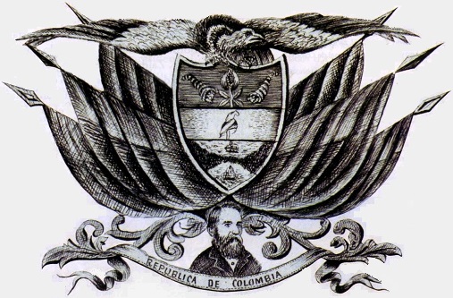 Escudo de Colombia y efigie de Rafael Núñez en el preámbulo de la Constitución de 1886