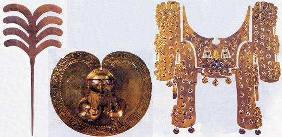 Alfiler, pectoral y nariguera de la cultura Calima