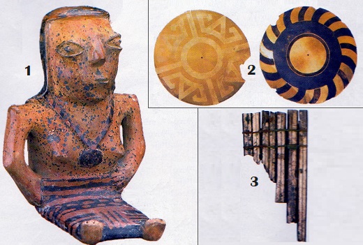 Expresiones artísticas y culturales de la cultura Nariño: 1) Mujer sentada; 2) Discos rotatorios; 3) Flauta de pan. Expresiones artísticas y culturales de la cultura Nariño: 1) Mujer sentada; 2) Discos rotatorios; 3) Flauta de pan.