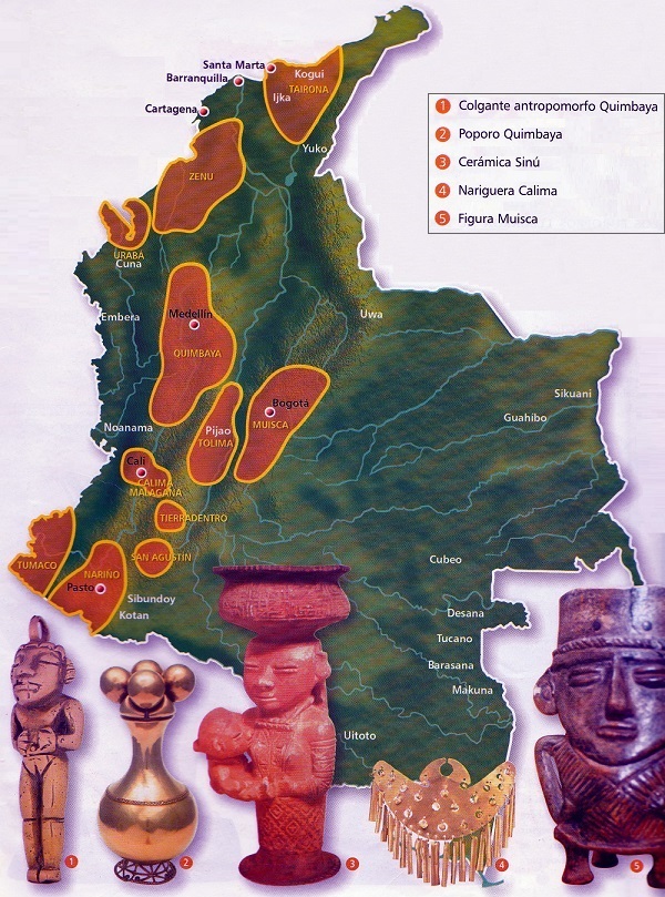 Mapa de Colombia que muestra la ubicación de las sociedades orfebres prehispánicas
