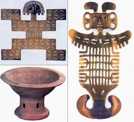 Pectorales de oro y copa de arcilla de la cultura Tolima