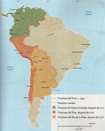 Virreinatos del imperio español en Sur América, siglo XVIII.