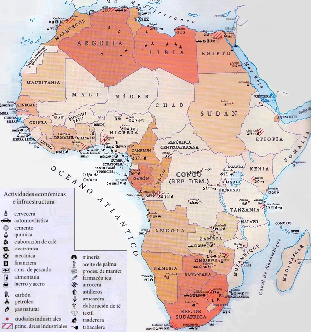 Mapa de África que muestra las actividades económicas más importantes del continente