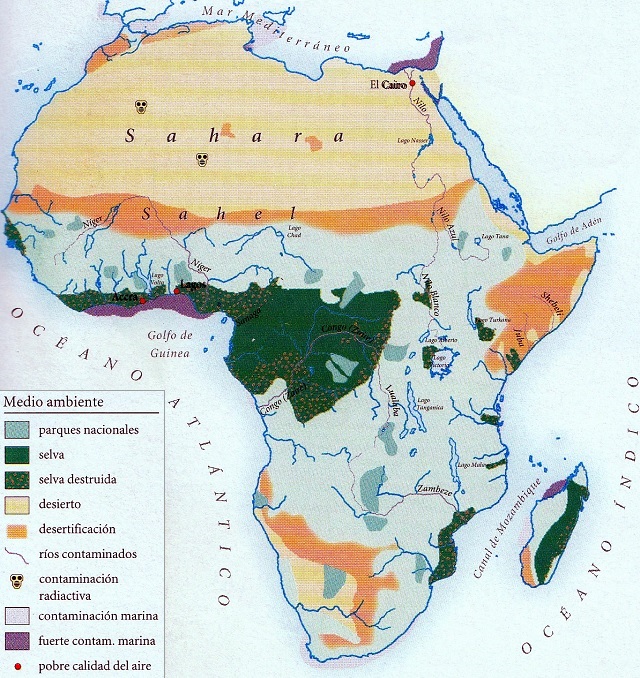 Mapa de África que muestra diversas características de su medio ambiente