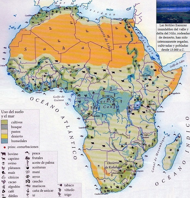 Mapa de África que muestra el uso del suelo y del mar