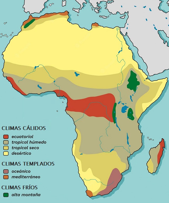 Mapa de Áfricaque muestra su distribución climática