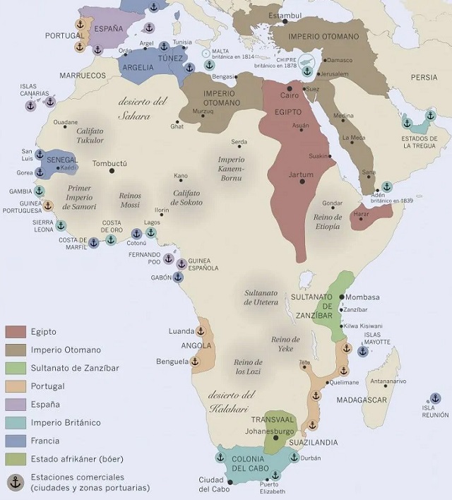 Mapa del continente africano con los estados y reinos en el siglo XIX, antes de la disputa colonial europea.
