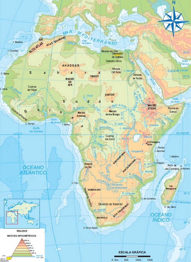 Mapa de África que muestra su relieve y condiciones físicas