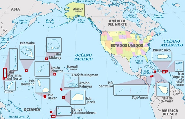 Mapa de Estados Unidos que muestra las áreas insulares que dependen de su administración