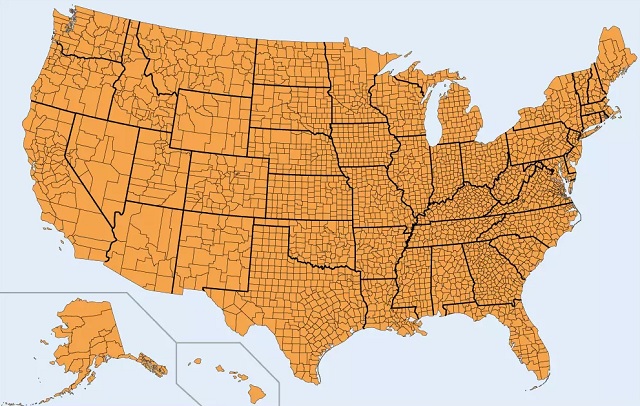 Mapa de Estados Unidos que muestra los estados divididos en condados