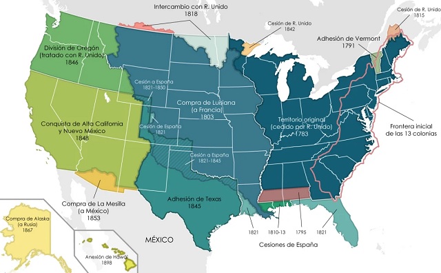 Mapa de Estados Unidos que muestra su expansión territorial