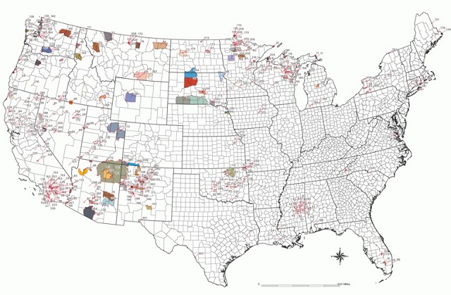 Mapa de Estados Unidos que muestra la ubicación de las principales Reservas Indias