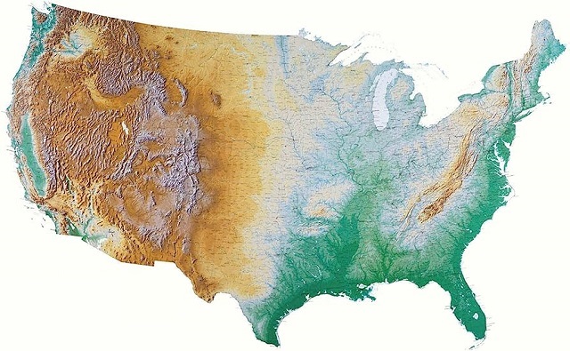 Mapa de Estados Unidos que muestra su aspecto topográfico