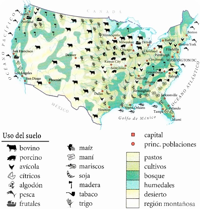 Mapa de Estados Unidos que muestra el uso del suelo y del mar