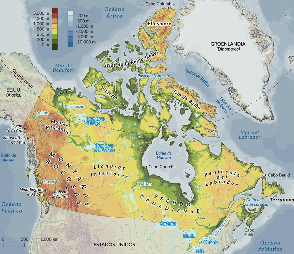 Mapa físico de Canadá
