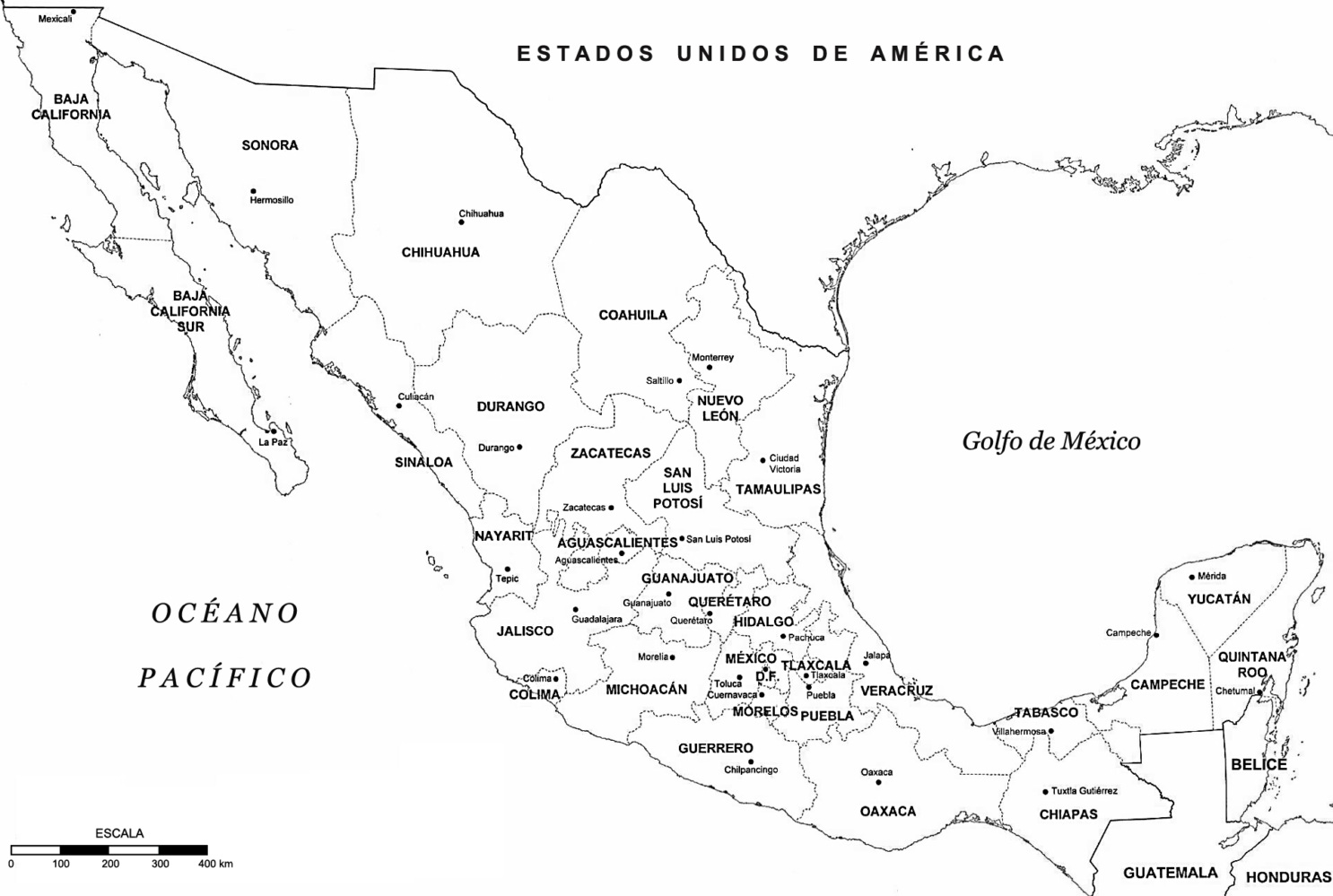 Mapa de México con Estados y capitales para imprimir y colorear Mapa de México con Estados y capitales para imprimir y colorear