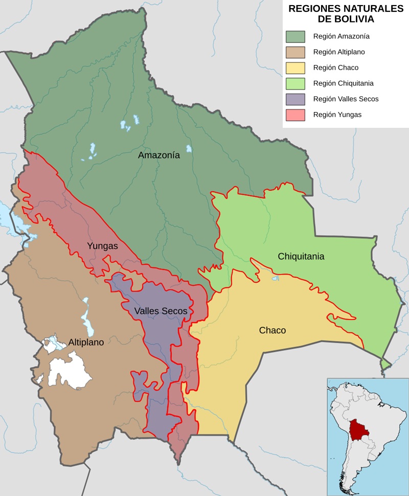 Mapa de Bolivia con la división geográfica de sus regiones naturales Mapa de Bolivia con la división geográfica de sus regiones naturales